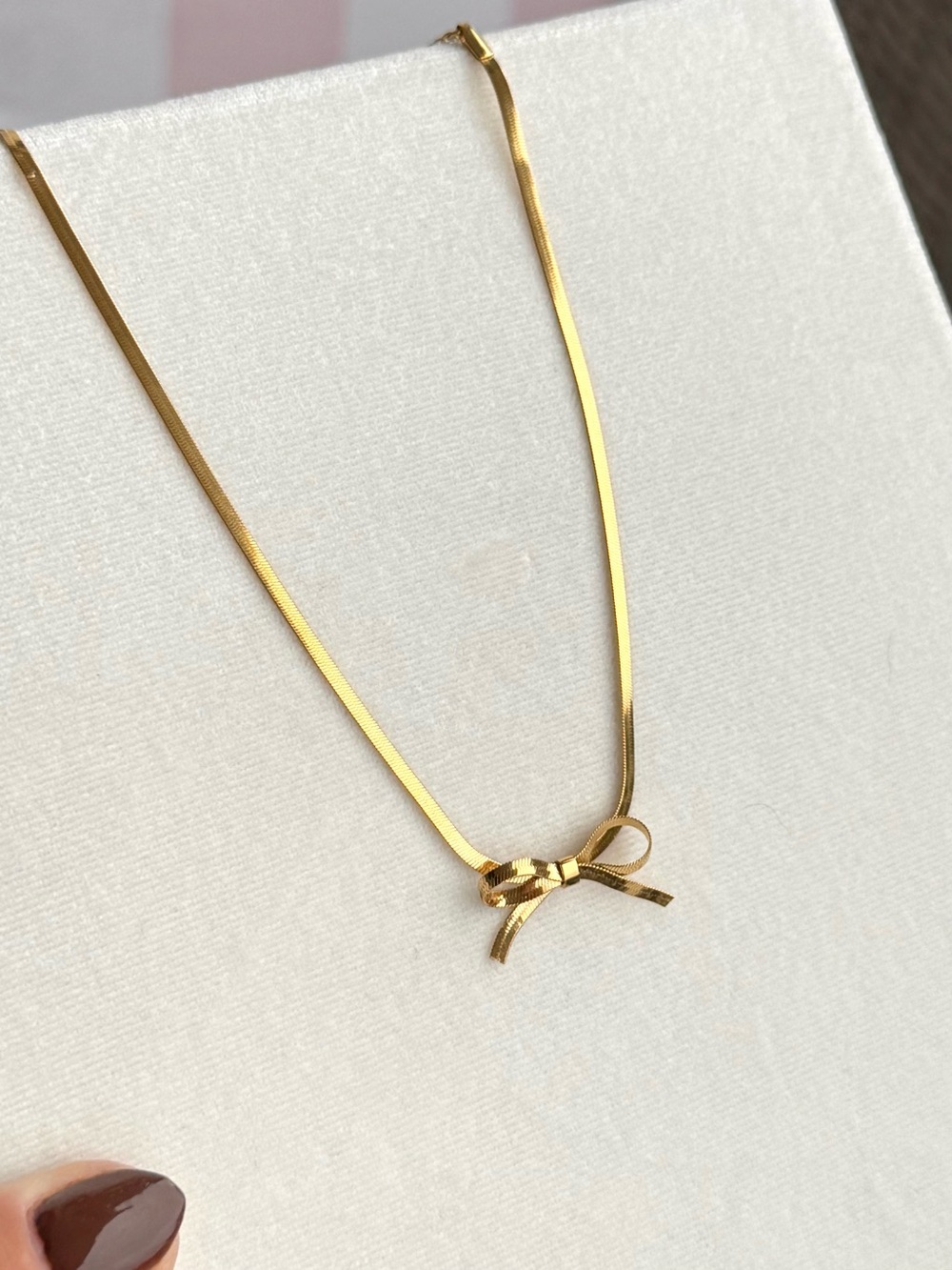 Herringbone Gold Bow Tie Choker Necklace 18K Gold Plated